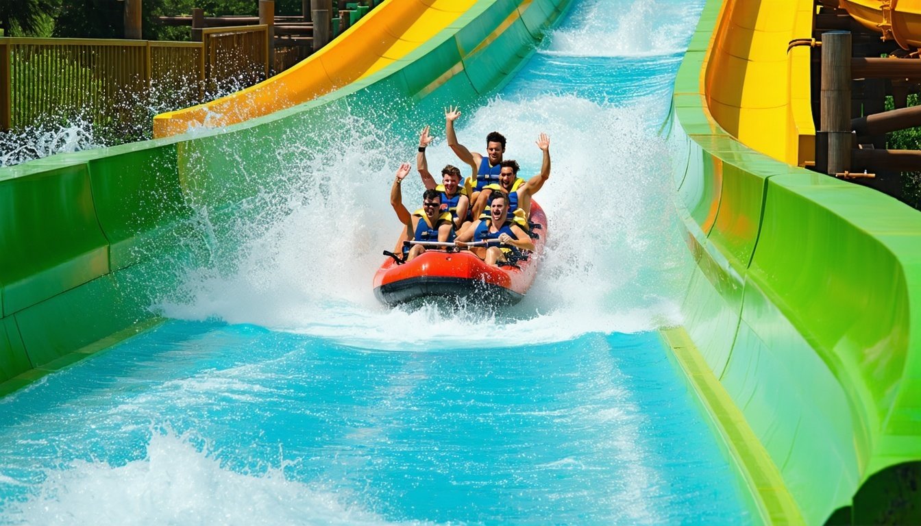 Thrilling water slide at Water Park Dubai with riders enjoying the descent