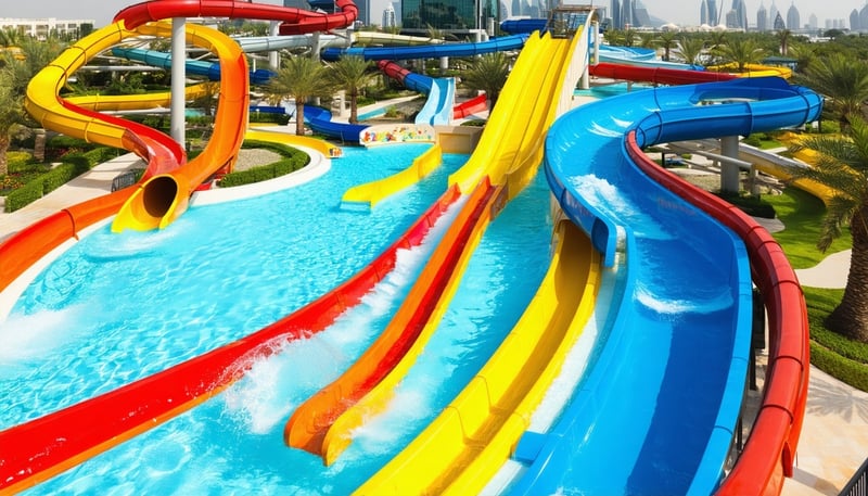 A vibrant aerial view of Water Park Dubai showcasing slides, pools, and family fun. A vibrant aerial view of Water Park Dubai showcasing slides, pools, and family fun.