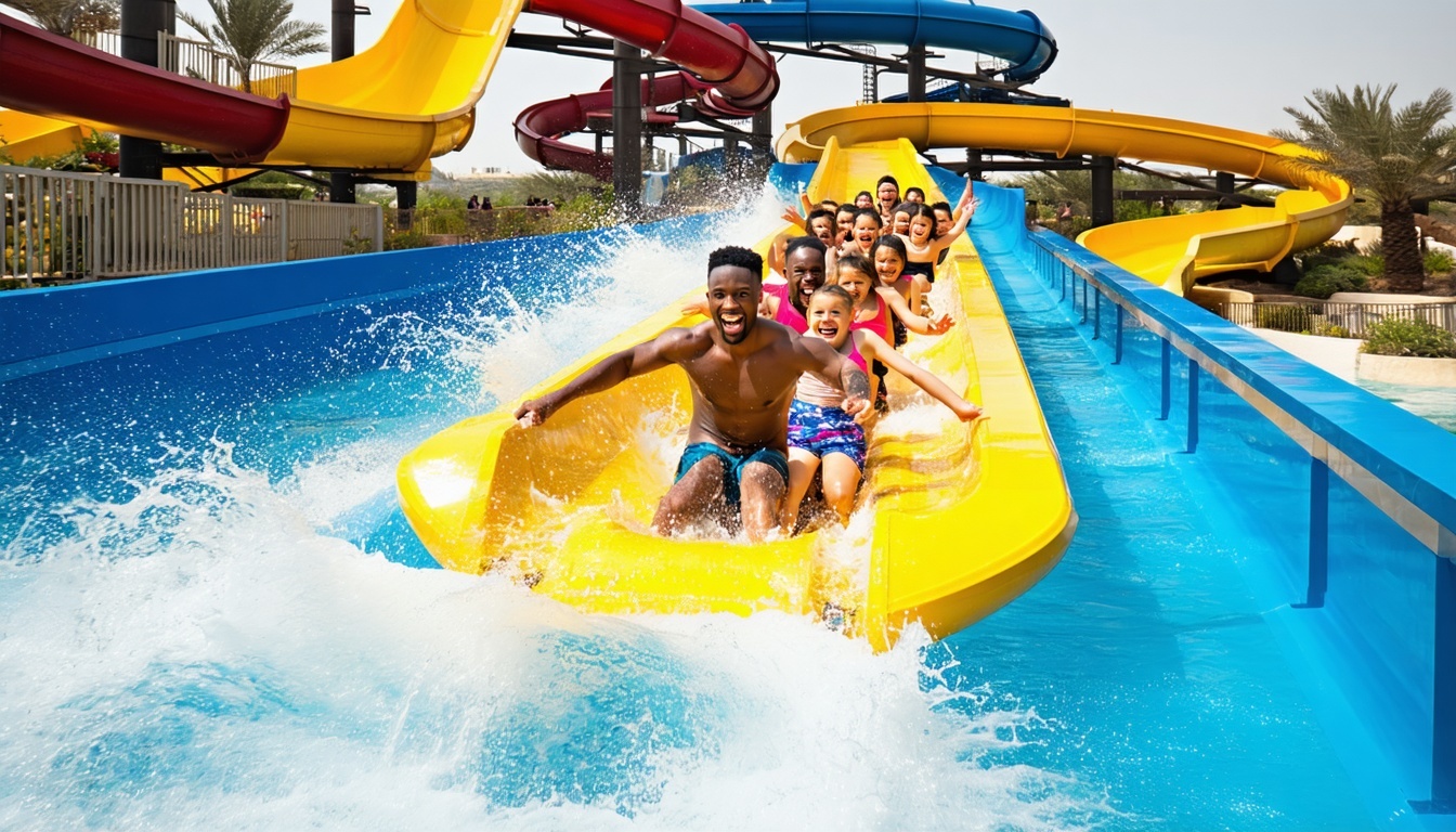 Families enjoying thrilling water slides at Water Park Dubai